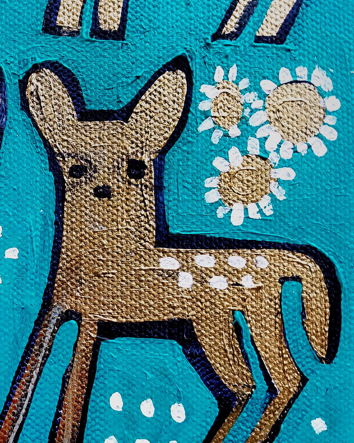 Deer in Spring, Original Painting - Blue Animal Painting by Jessica JH Roller