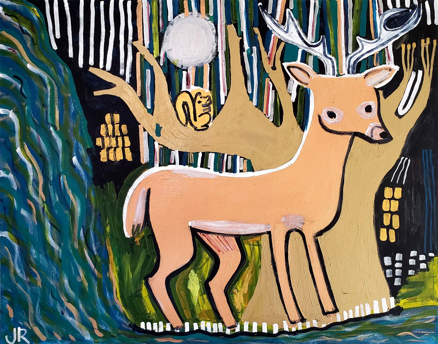 Jessica JH Roller Animal Painting - Deer, Squirrel, Waterfall, Original Painting