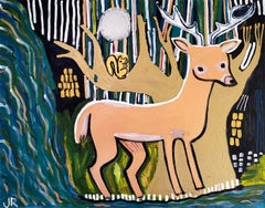 Peinture originale représentant un cerf, un écureuil et une cascade