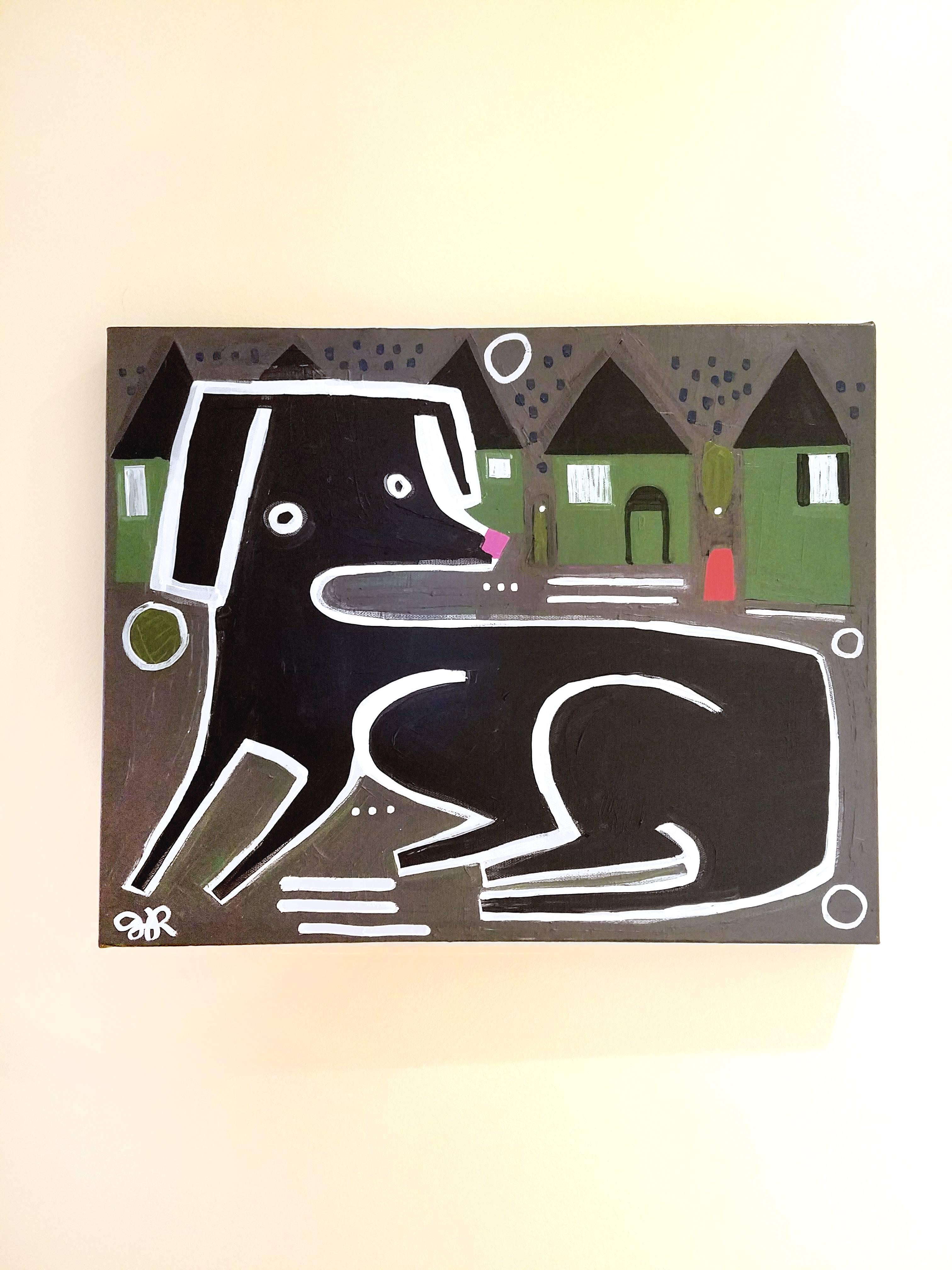 Dog in the Neighborhood
Jessica JH Roller
Acrylic painting on stretched canvas
Finished edges
Ready to hang
One-of-a-kind
Signed on front
2018
16 in. h x 20 in. w x 1.5 in. d
5 lbs. 0 oz. Artist Comments 
I imagine this black lab to be happily