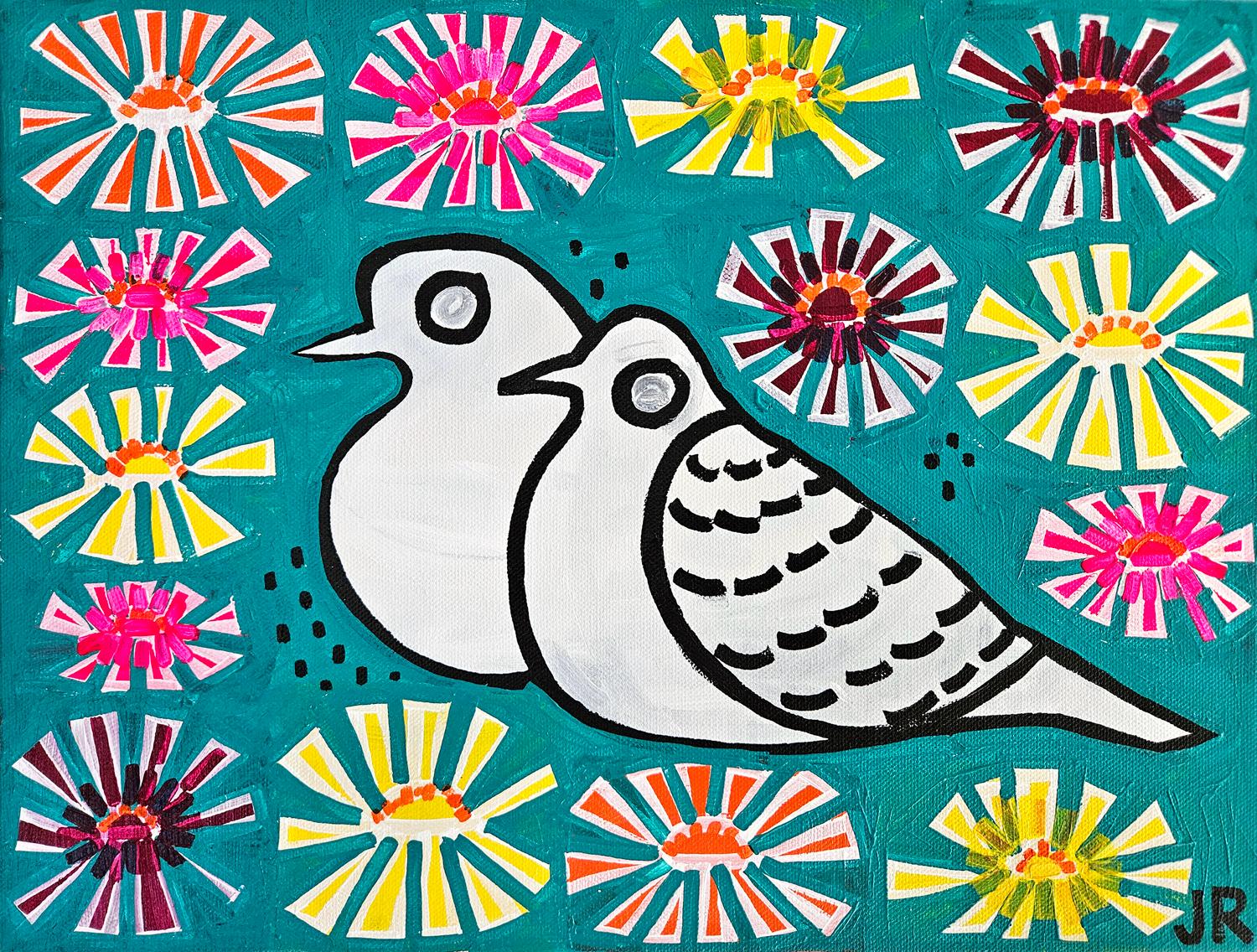 Palomas con zinnia, Pintura original - Art de Jessica JH Roller