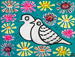 Doves with Zinnia, Original Painting