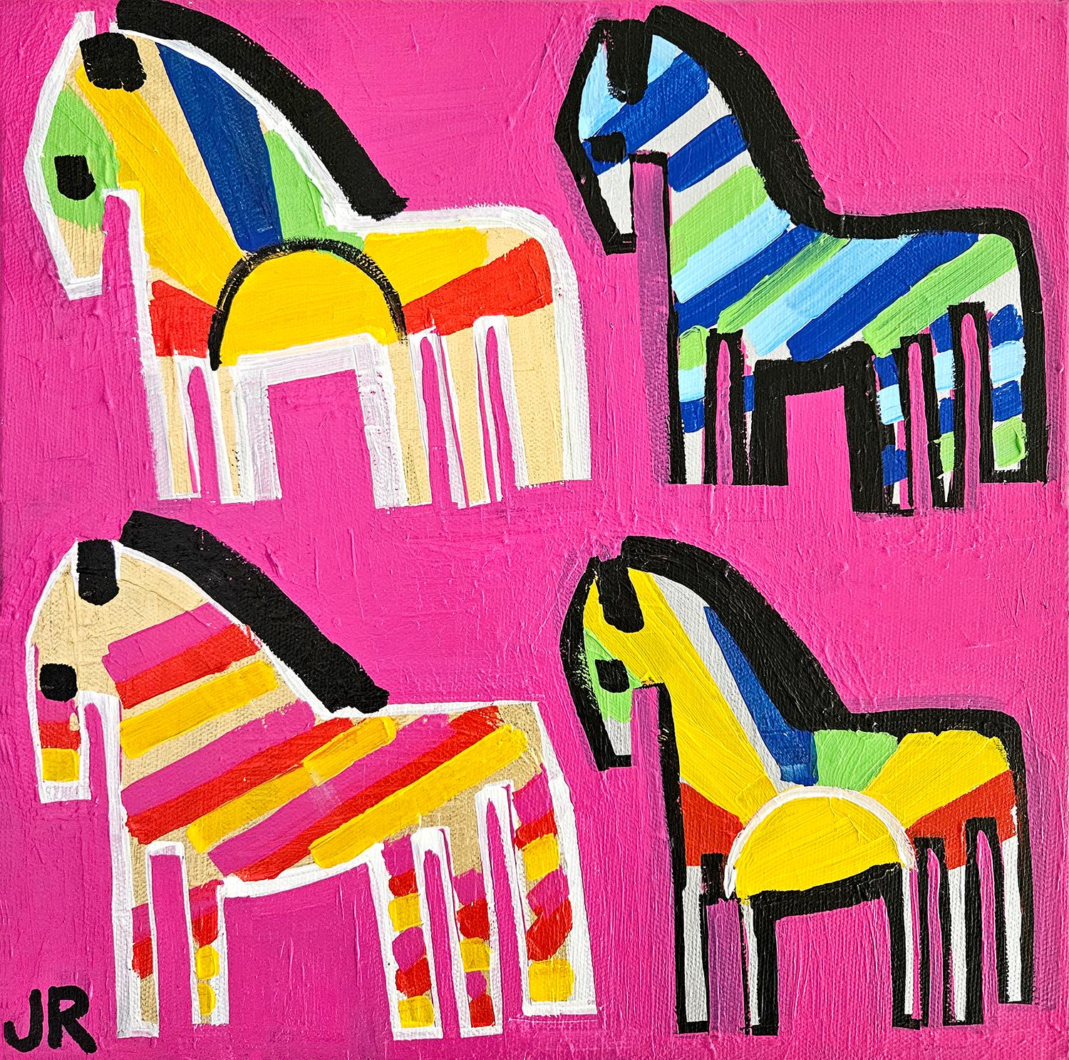 Jessica JH Roller Animal Painting - Four Rainbow Ponies, Original Painting