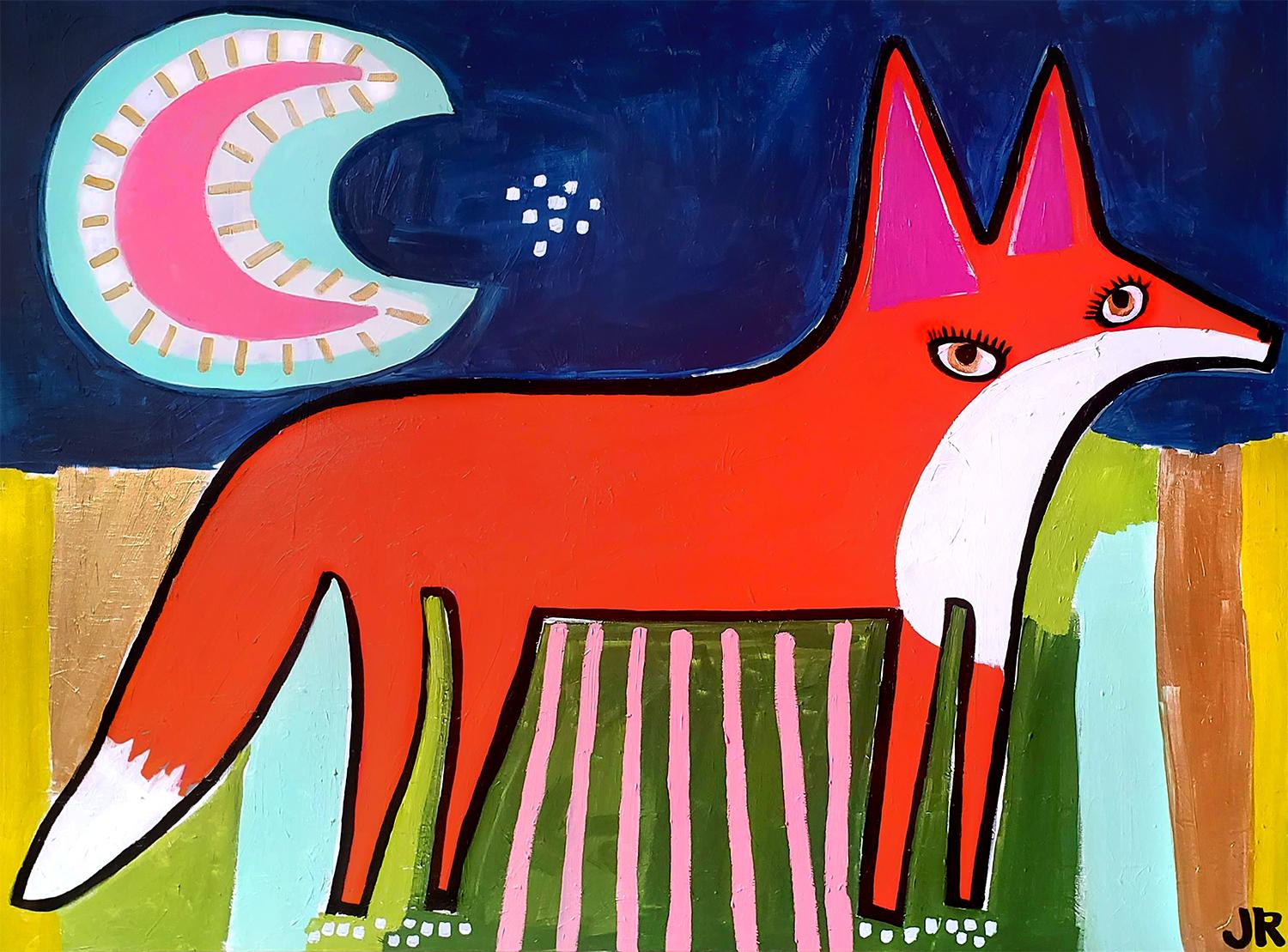 Jessica JH Roller Animal Painting - Fox Under Pink Moon, Original Painting