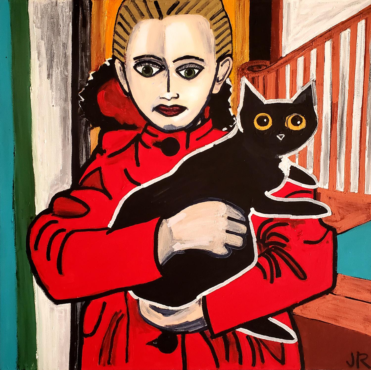 Animal Painting de Jessica JH Roller - Chica con abrigo rojo, Pintura original