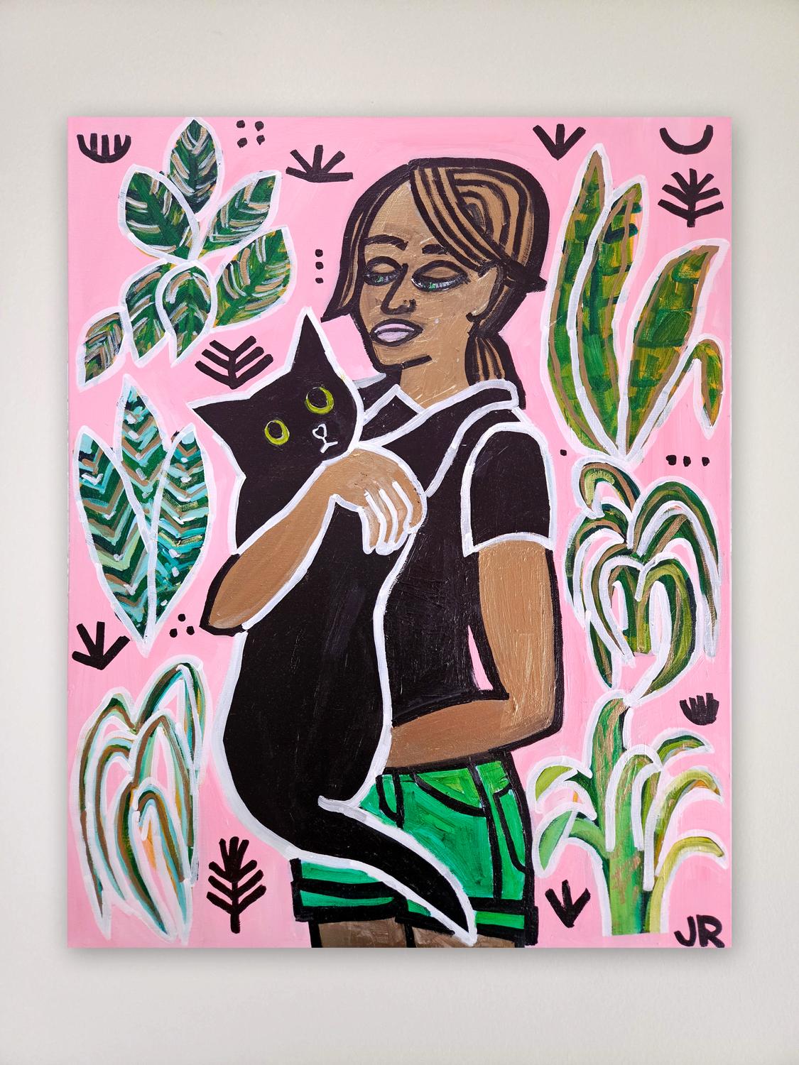 Niña con gato negro y plantas, Pintura original - Painting Arte marginal de Jessica JH Roller