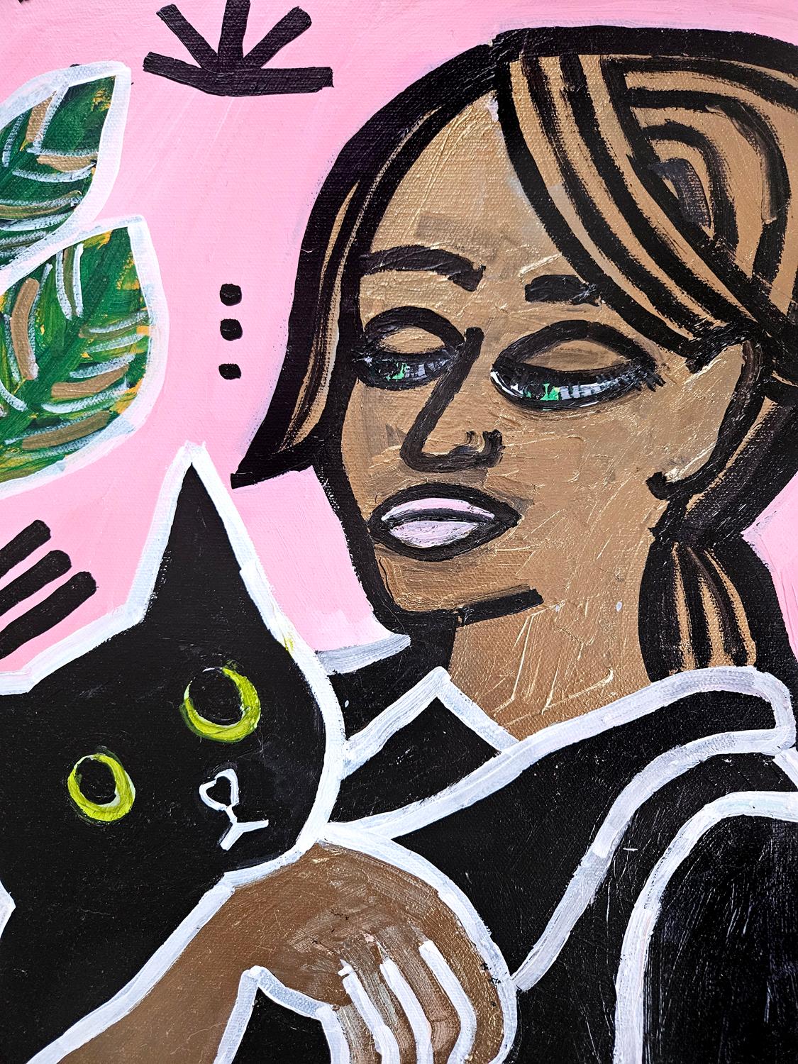 Niña con gato negro y plantas, Pintura original - Animal Painting Beige de Jessica JH Roller