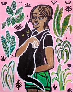 Niña con gato negro y plantas, Pintura original