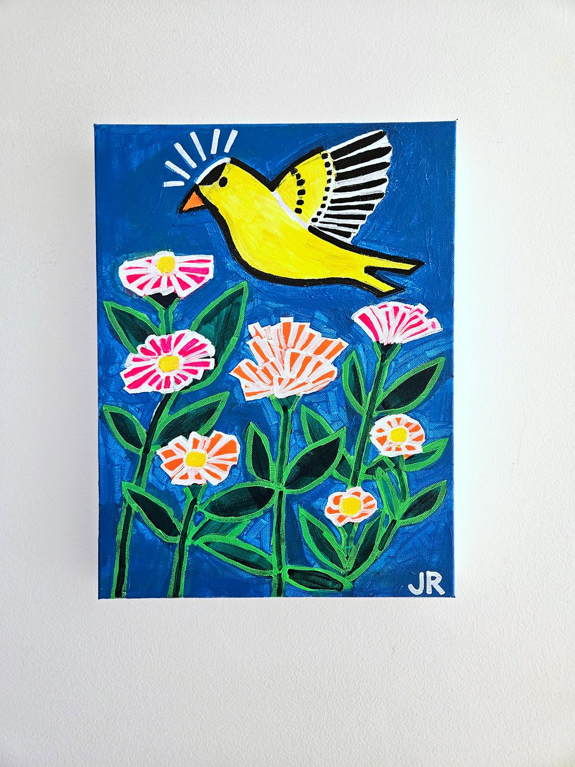 <p>Artist Comments<br />Zinnia seeds planted in late spring bloom into vibrant flowers in midsummer. They attract many pollinators, among them are goldfinches. The painting depicts that familiar scene. Bold, graphic lines define the subjects and