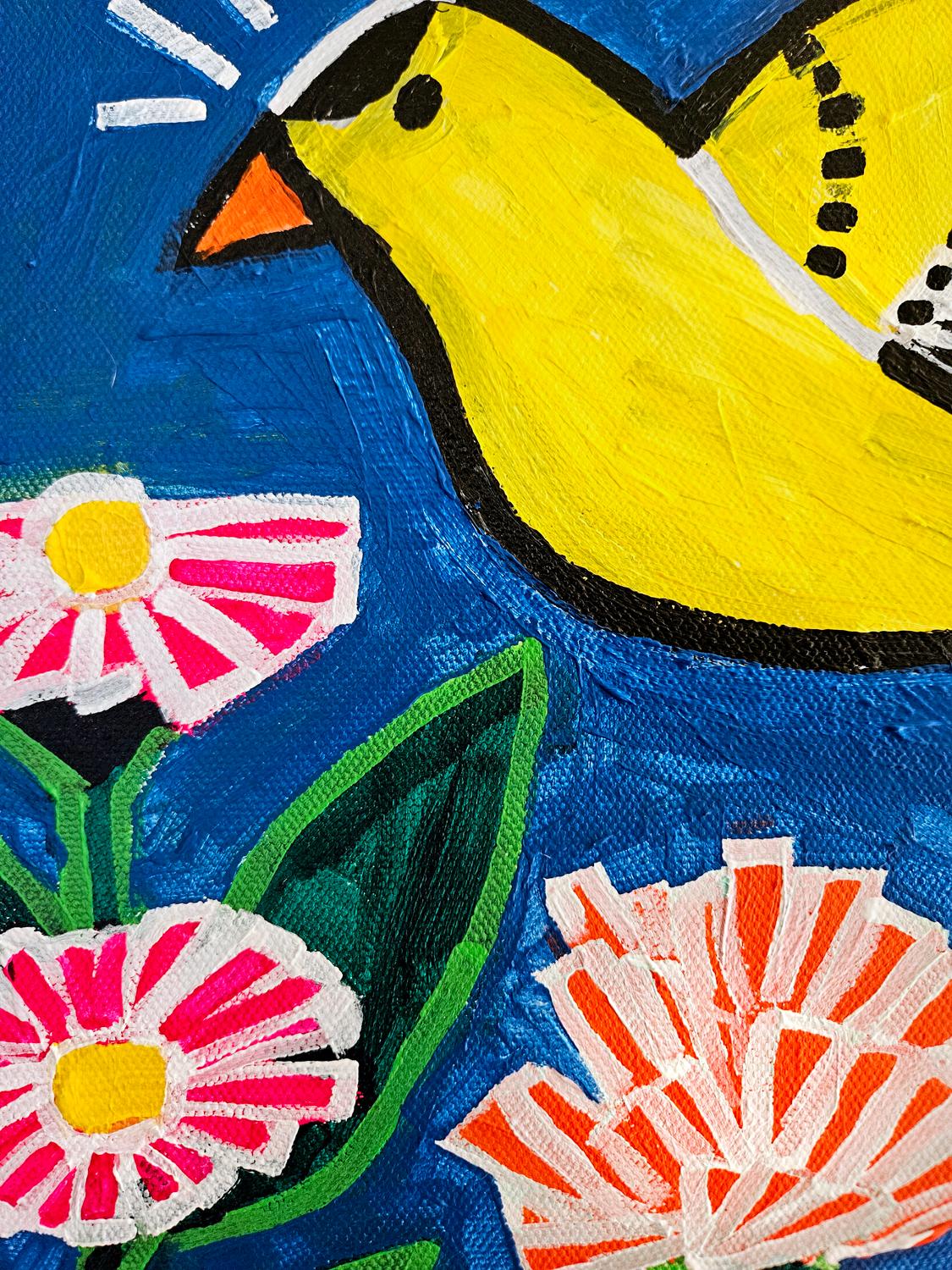 Goldfinch Zinnias, Original Painting For Sale 1