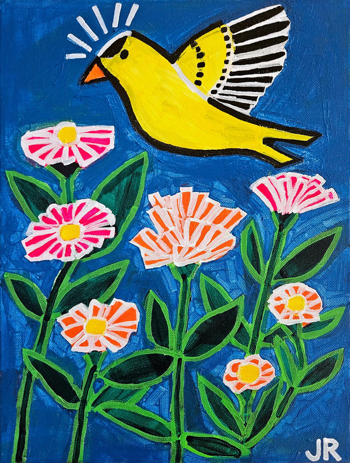 Jessica JH Roller Animal Painting - Goldfinch Zinnias, Original Painting