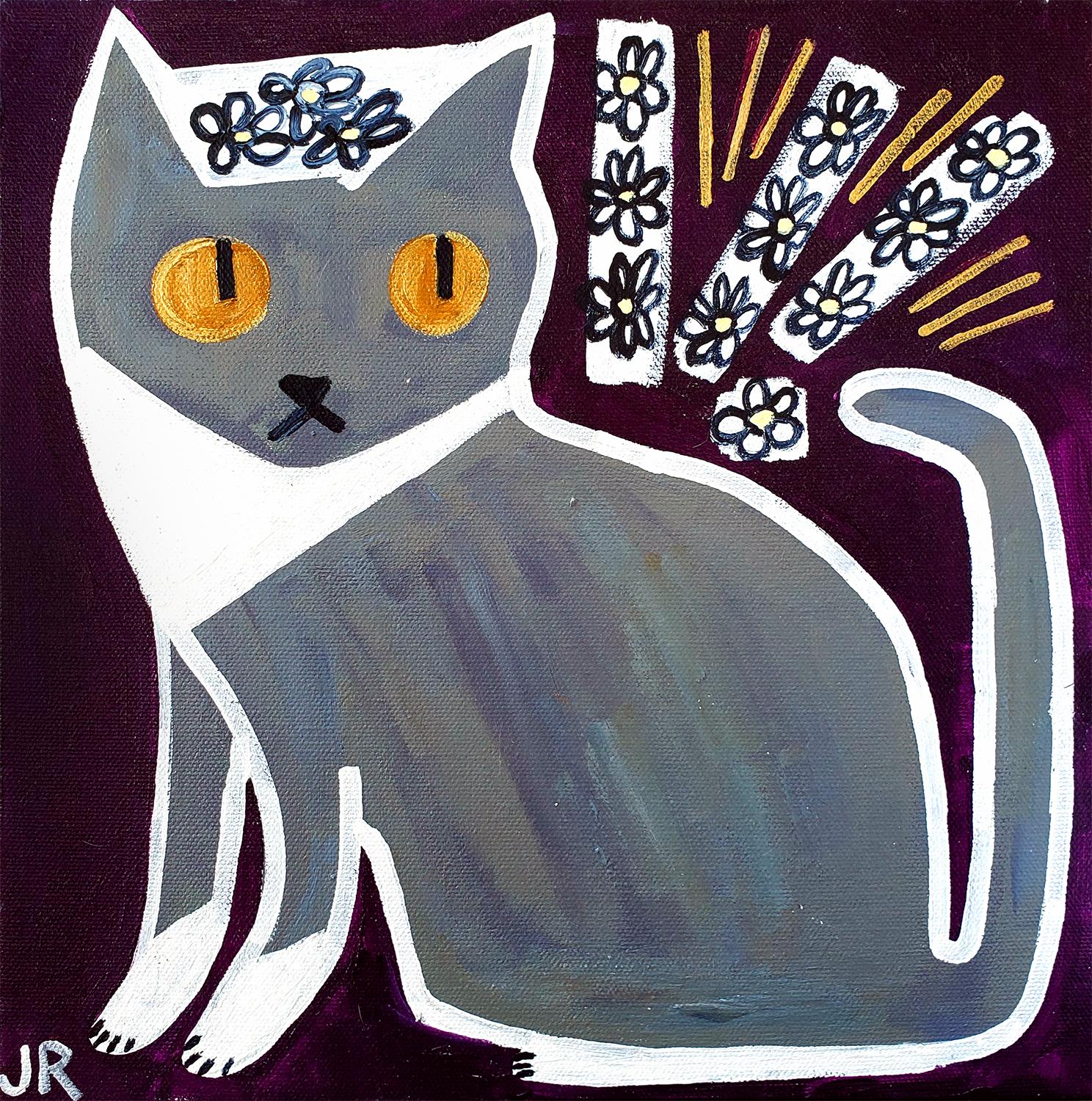Jessica JH Roller Animal Painting - Gray Cat, Original Painting