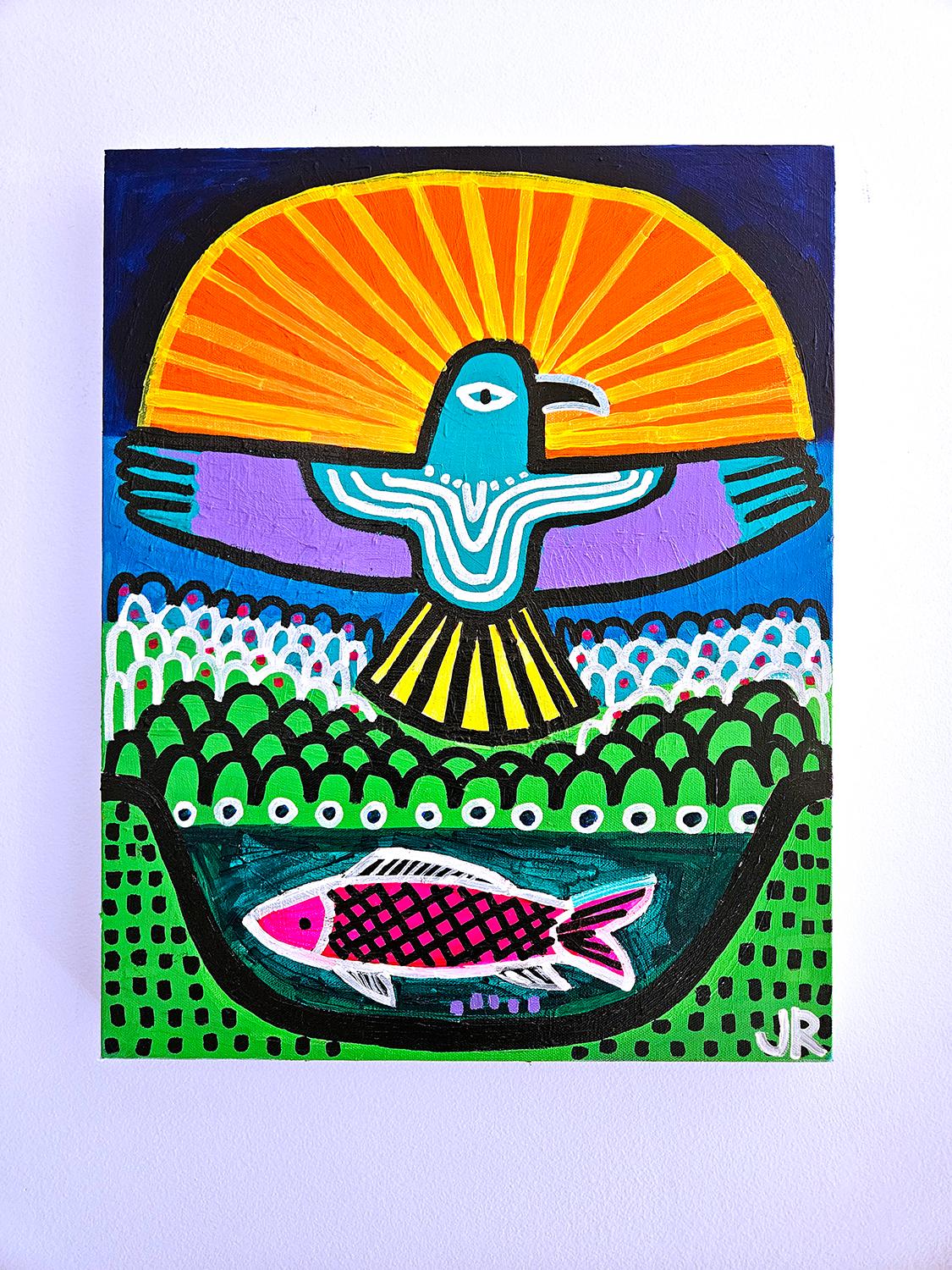 <p>Comentarios del artista<br />Un halcón estilizado despliega sus alas ante un sol anaranjado, observando un pequeño estanque debajo. Esta escena está inspirada en una salida de pesca matutina en la que la artista Jessica JH Roller y su hijo de
