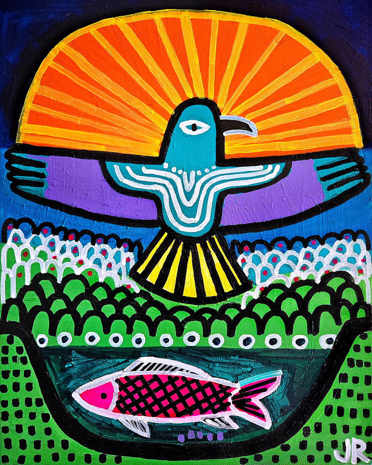 Halcón y pez, Pintura original - Art de Jessica JH Roller