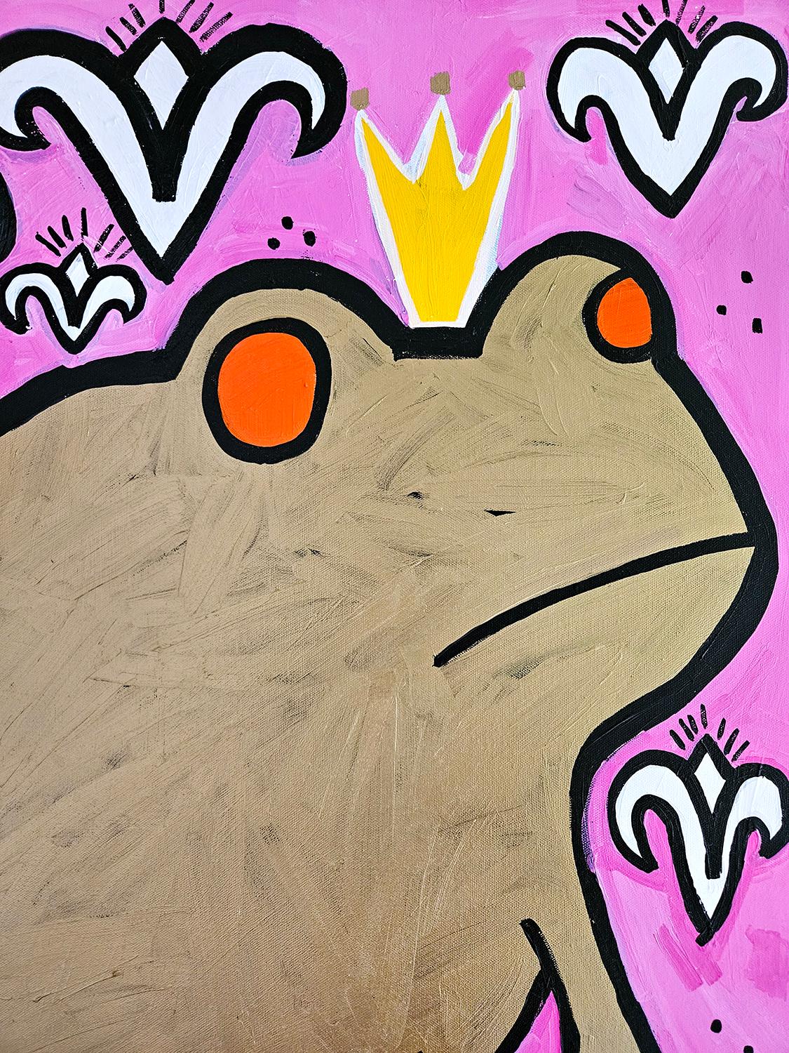 <p>Comentarios del artista<br />La artista Jessica JH Roller pinta un juguetón retrato de un sapo rey rodeado de lirios de día blancos. 