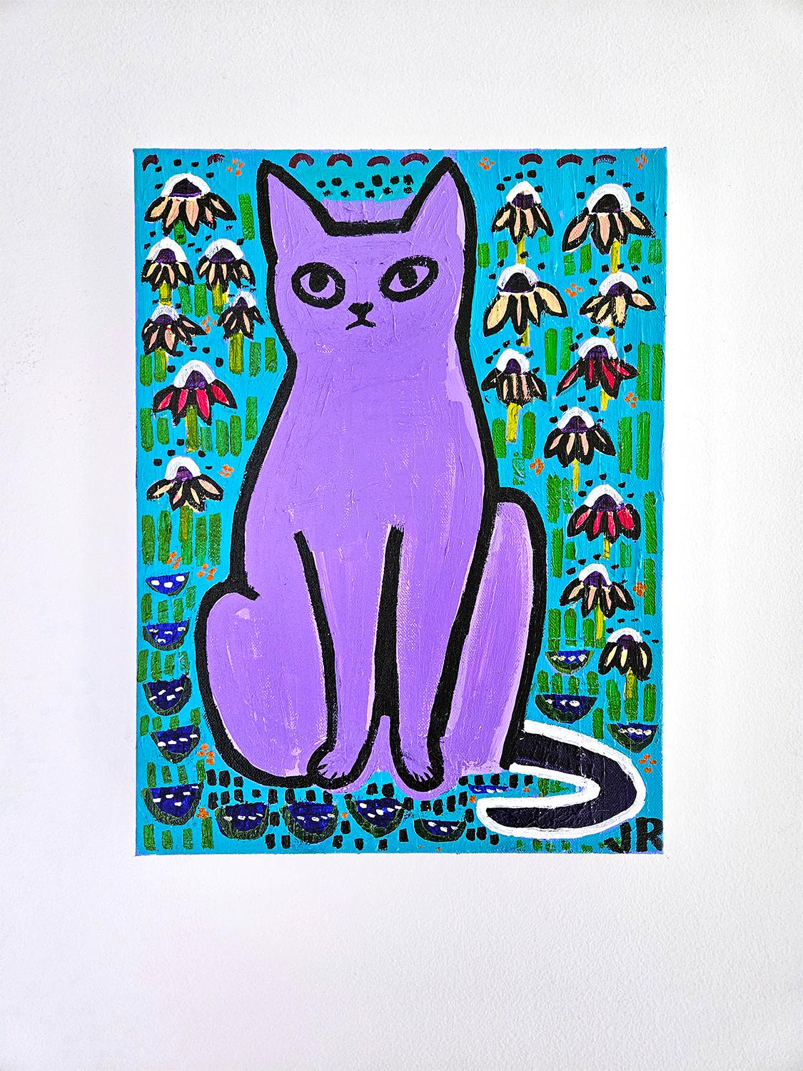 <p>Artist Comments<br />A purple Siamese cat sits upright against a vibrant turquoise background filled with coneflowers. Artist Jessica JH Roller emphasizes the similarity of forms between the two. The combination of bright colors and bold, simple