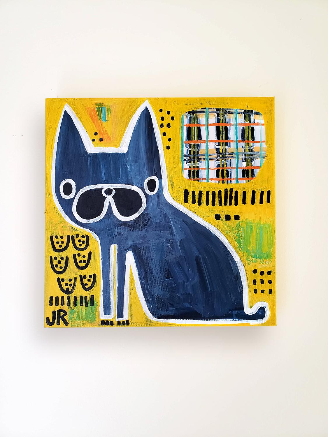 Perrito con manta, Pintura original - Animal Painting Amarillo de Jessica JH Roller