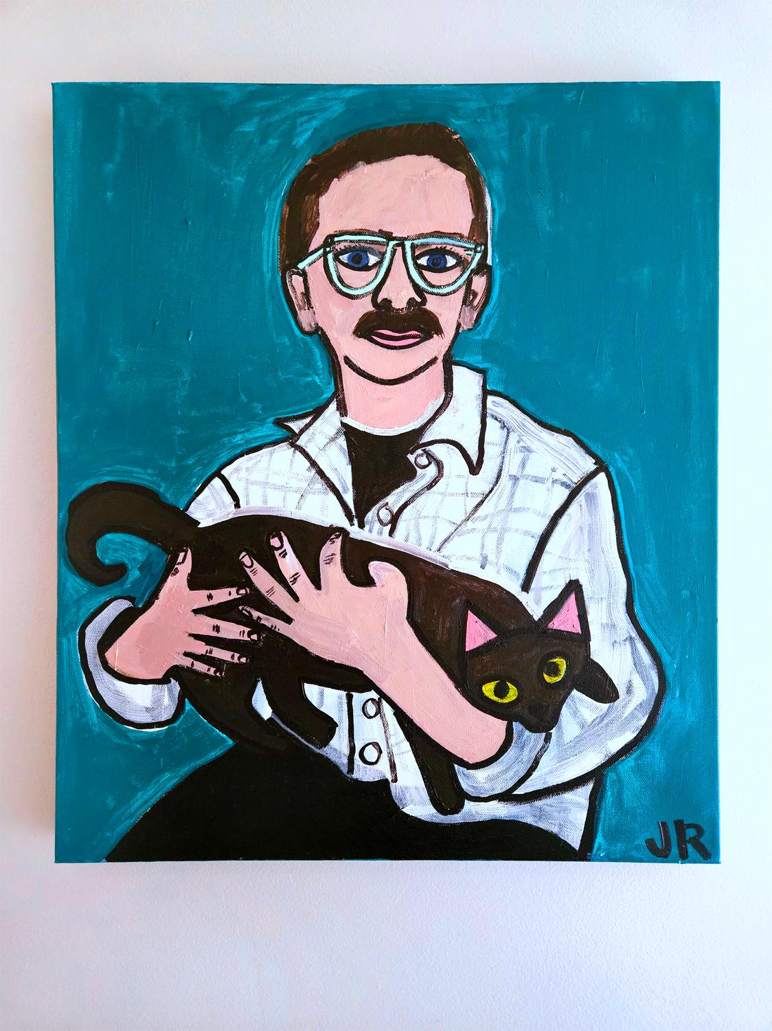 Uomo che tiene in braccio un gatto, dipinto originale - Painting Outsider Art di Jessica JH Roller