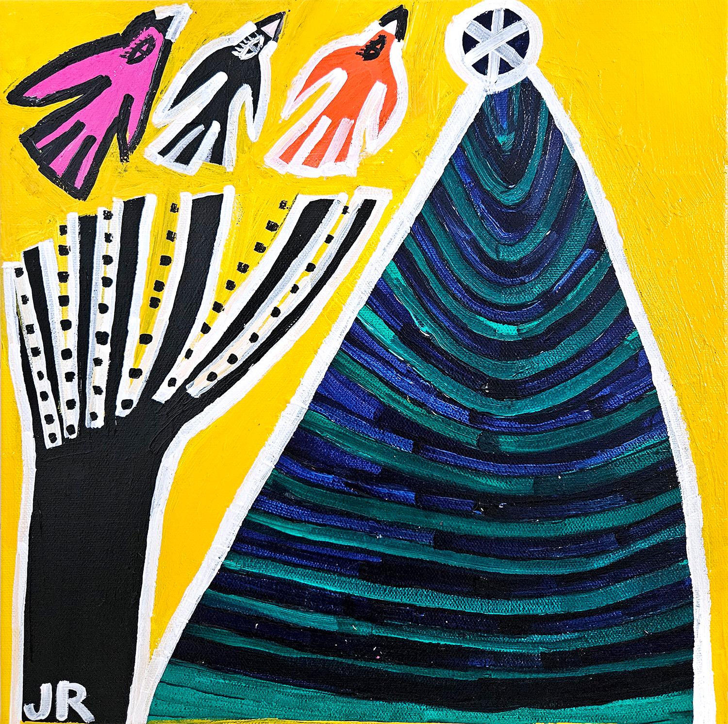 Jessica JH Roller Animal Painting - Pine Tree and Birds, Original Painting