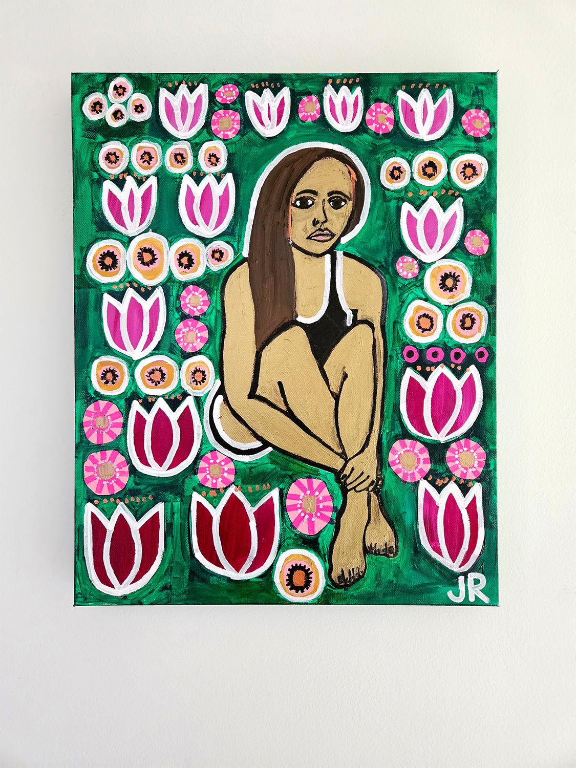 <p>Artist Comments<br>Artist Jessica JH Roller paints a woman sitting on the ground with her legs crossed. Vibrant wildflowers in pink and red thrive all around her. 