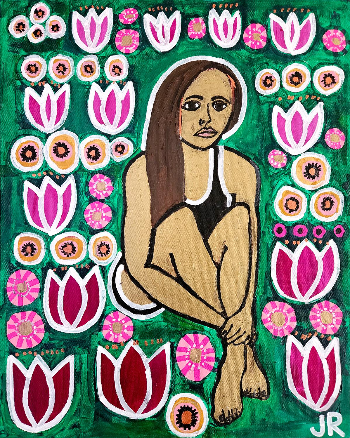 Jessica JH Roller Portrait Painting - Portrait in Wildflowers, Original Painting