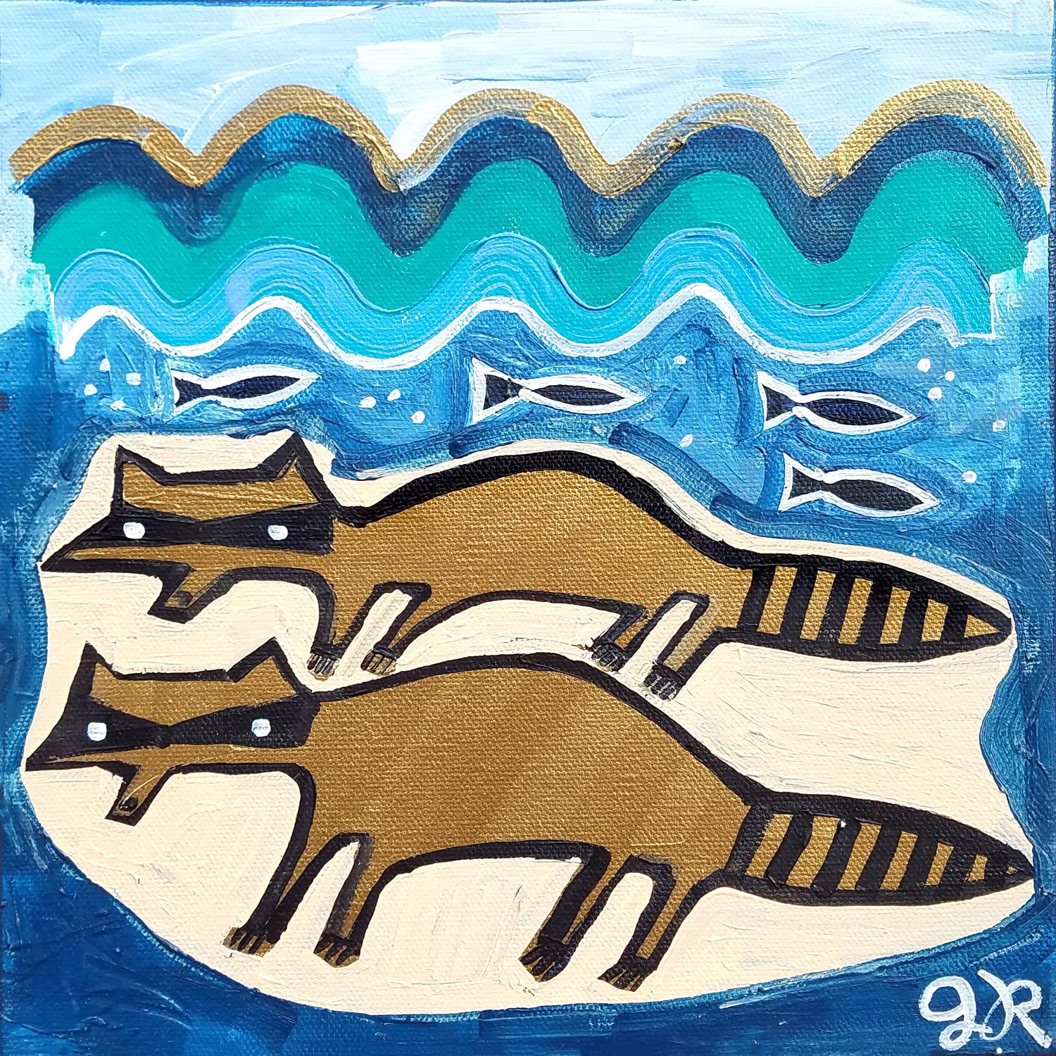 Jessica JH Roller Animal Painting - Raccoons on the Beach, Original Painting