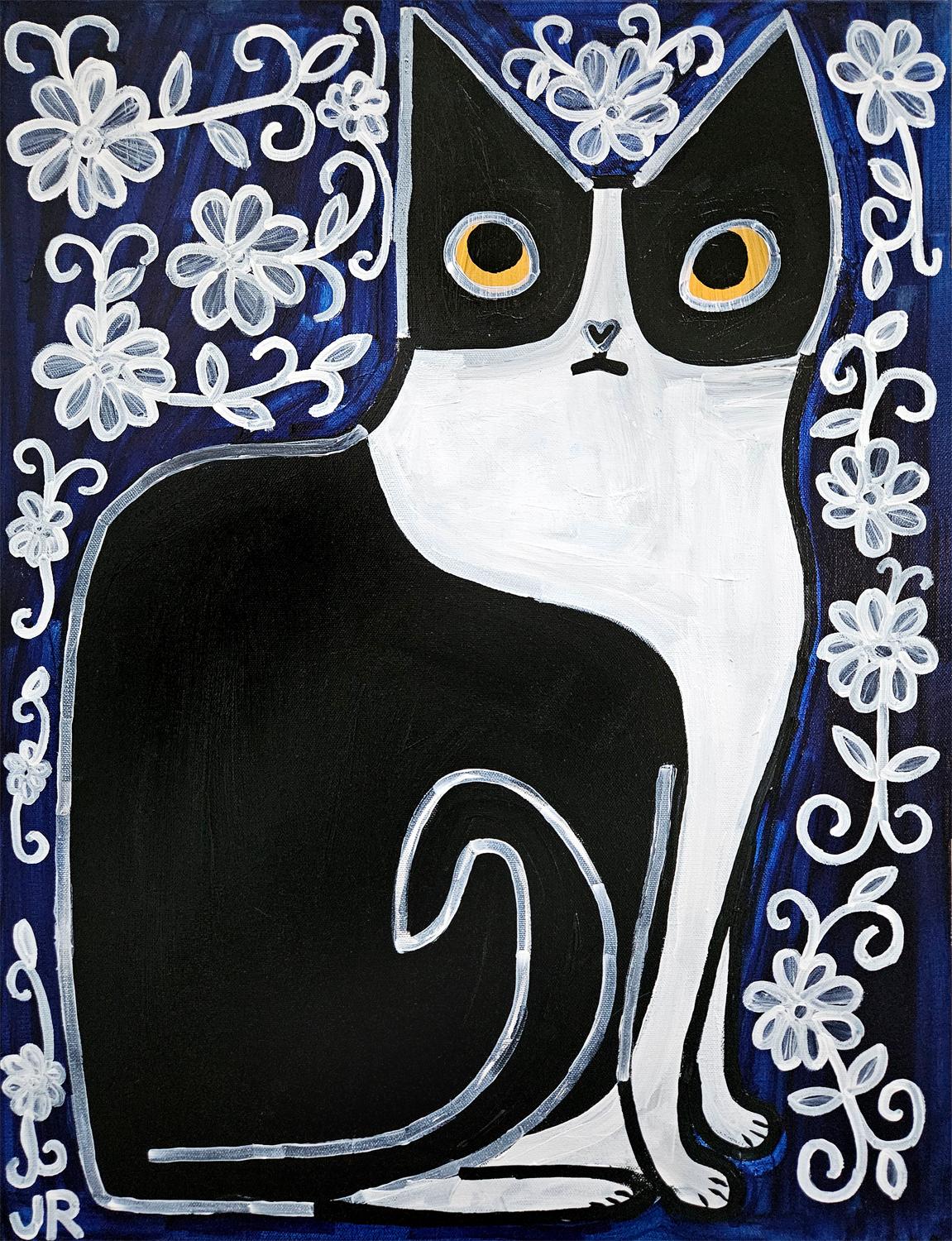 Jessica JH Roller Animal Painting – Rosemary auf Tiefblau mit Blumen, Originalgemälde