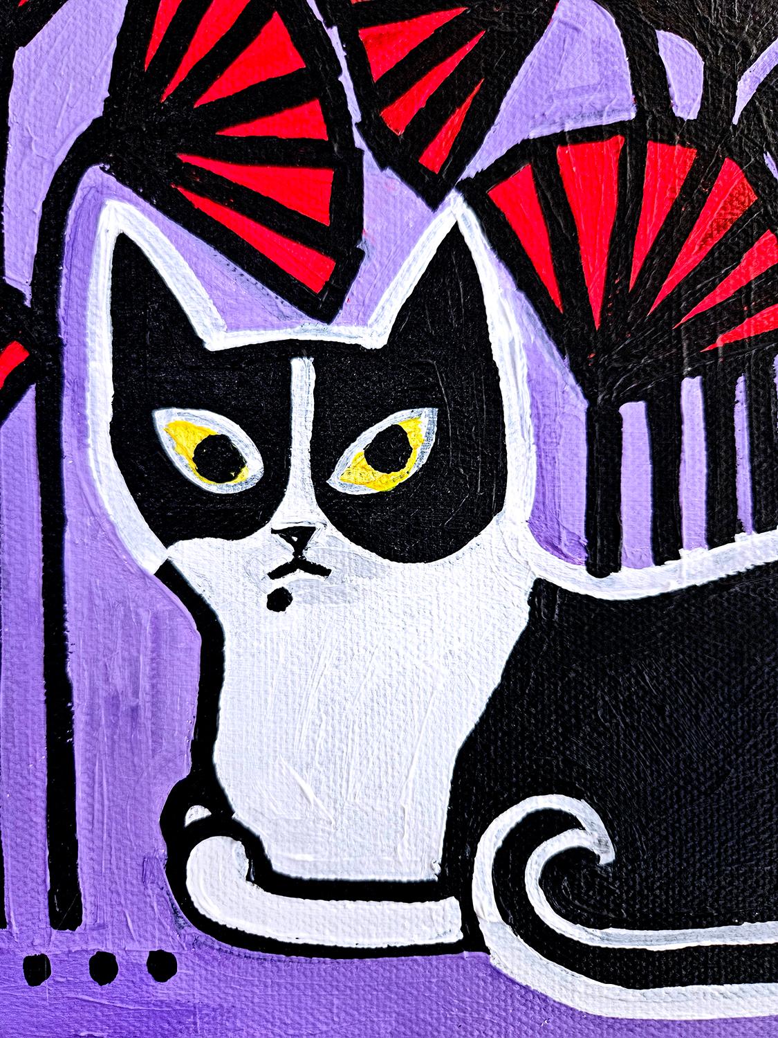 Rosemary avec Zinnia, peinture originale - Violet Animal Painting par Jessica JH Roller