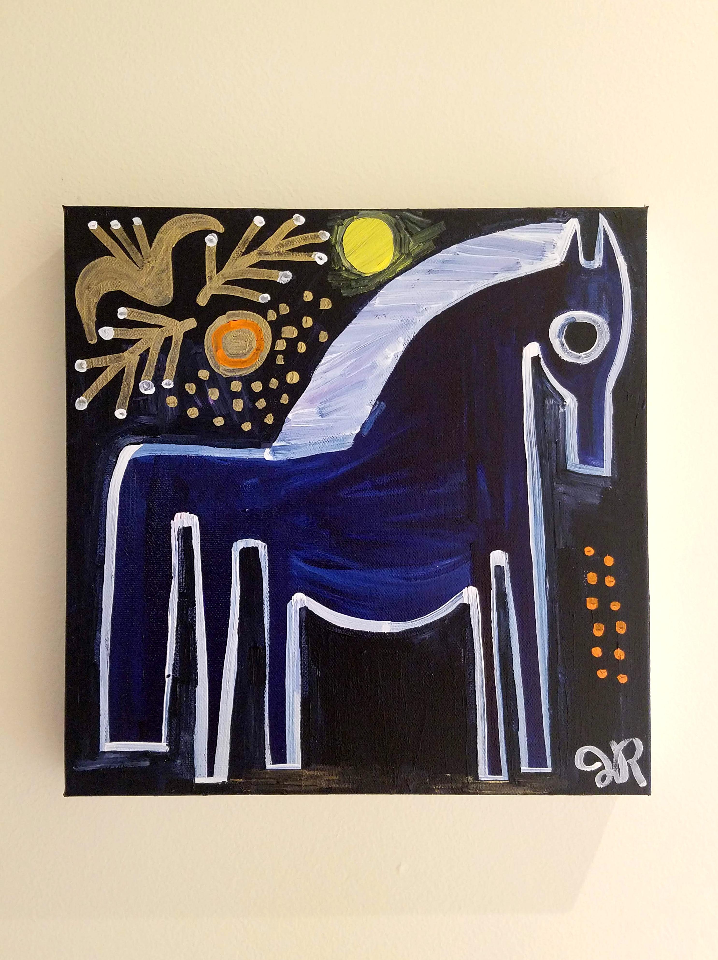 <p>Artist Comments<br>A rich blue pony rests against a dark background, which is inspired  by autumnal harvest foliage.</p><p>About the Artist<br>A few months after Jessica JH Roller and her husband were married, they adopted two young Siamese cats