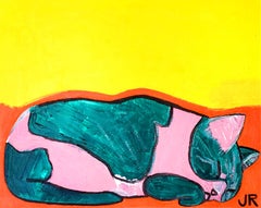 Sleeping Cat auf Orange und Gelb, Originalgemälde