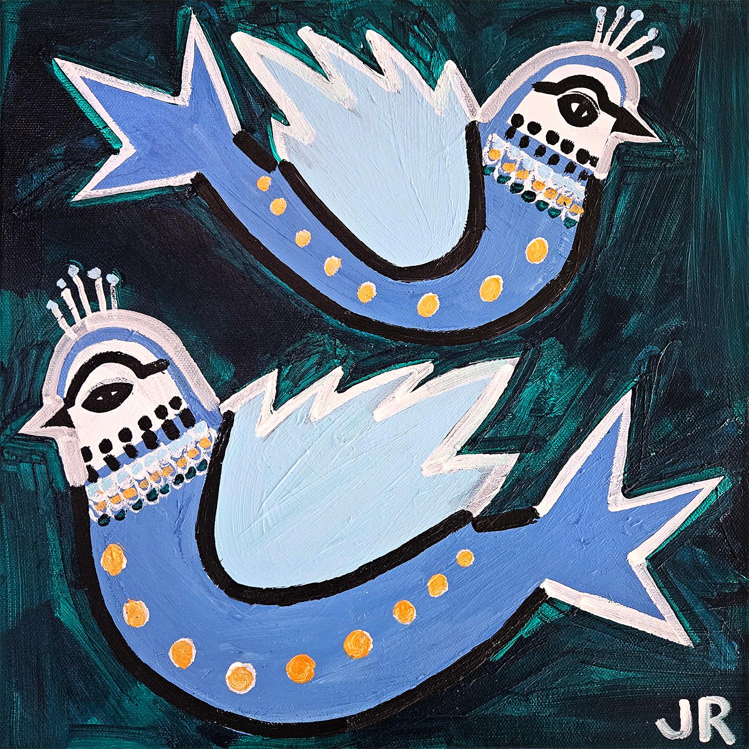 Zwei blaue Vögel, Originalgemälde – Art von Jessica JH Roller
