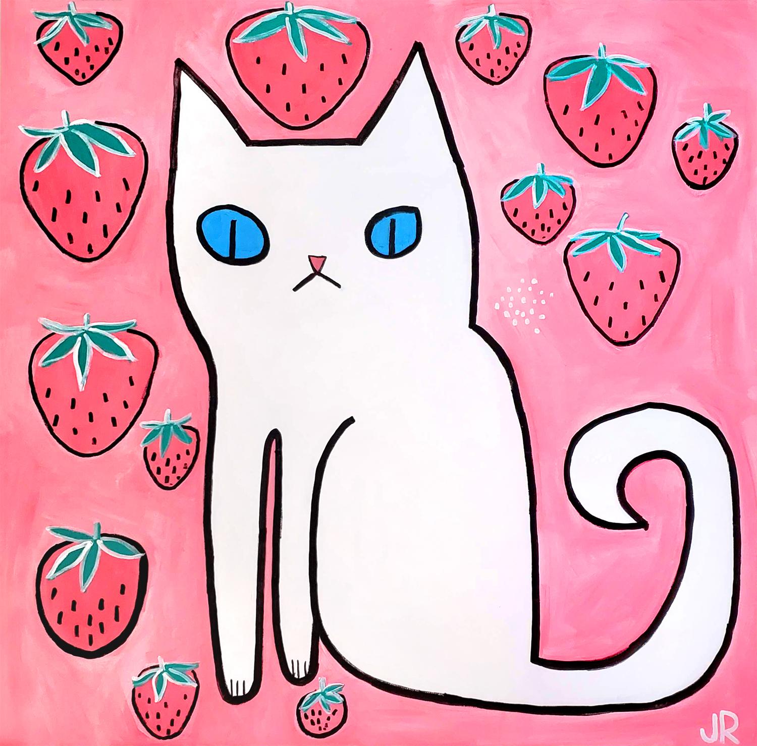 White Cat with Strawberries, Original Painting - Art by Jessica JH Roller