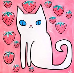 White Cat with Strawberries, Original Painting