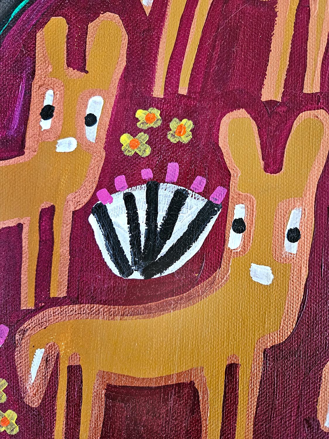 <p>Kommentare des Künstlers<br>Auf diesem skurrilen Gemälde streift eine Hirschfamilie durch ein Naturschutzgebiet. Eine Eule hockt auf einem der Bäume und beobachtet still das Treiben im Wald. Eine Fülle von Blumen schmückt die Szene und trägt zum