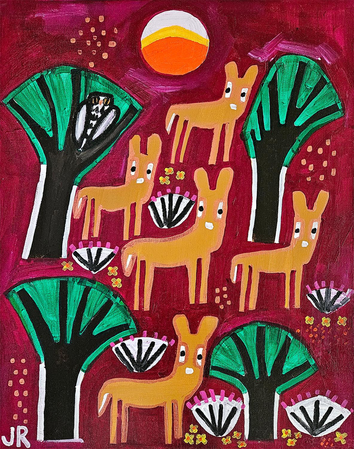 Jessica JH Roller Animal Painting - Yellow Springs Deer Family, Original Painting