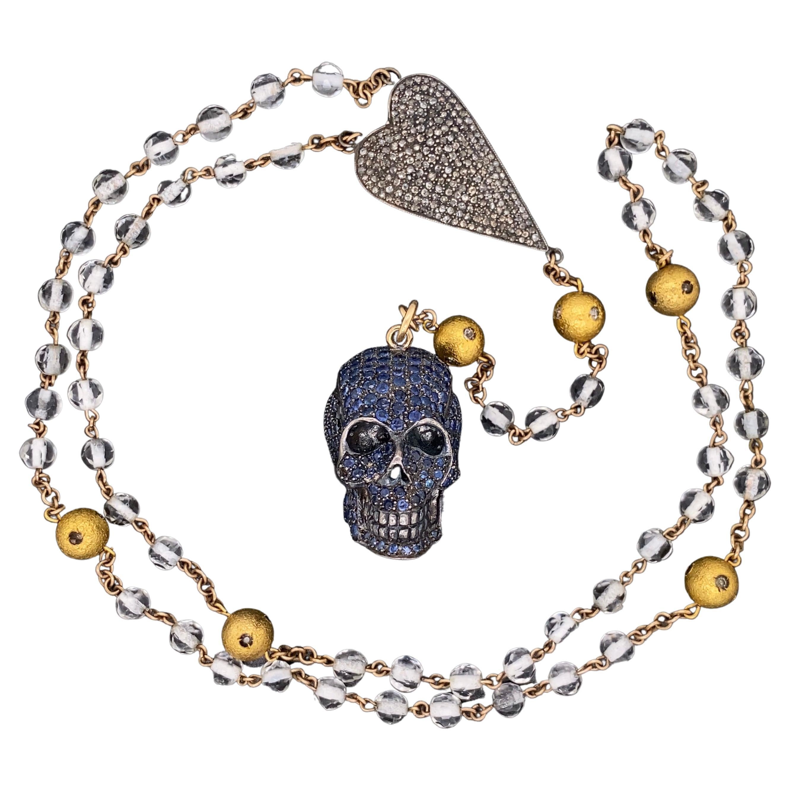 Jessica Kagan Cushman Sapphire Skull Diamond Heart Crystal Bead Silver Necklace For Sale