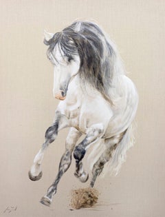 Jessica Leonard, "Alpha" 40x30 White Horse Equine Oil Painting on Belgian Linen