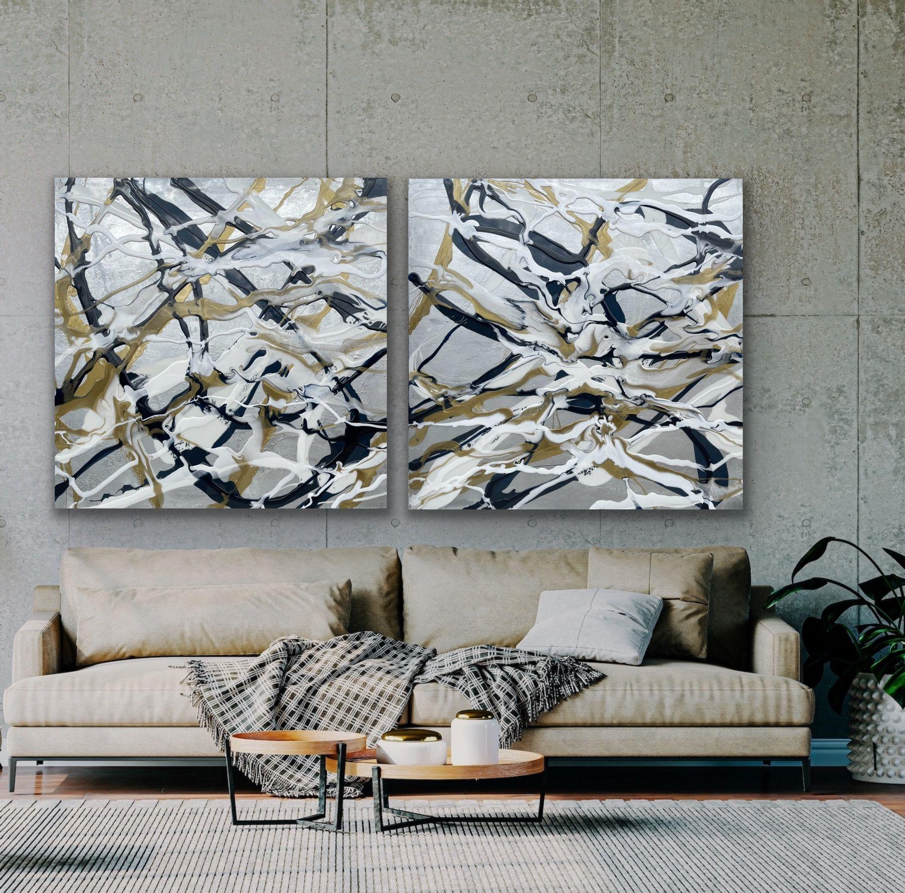 Ã“rbita metÃ¡lica, Painting, Acrylic on Canvas - Gray Abstract Painting by Jessica M. Chaix