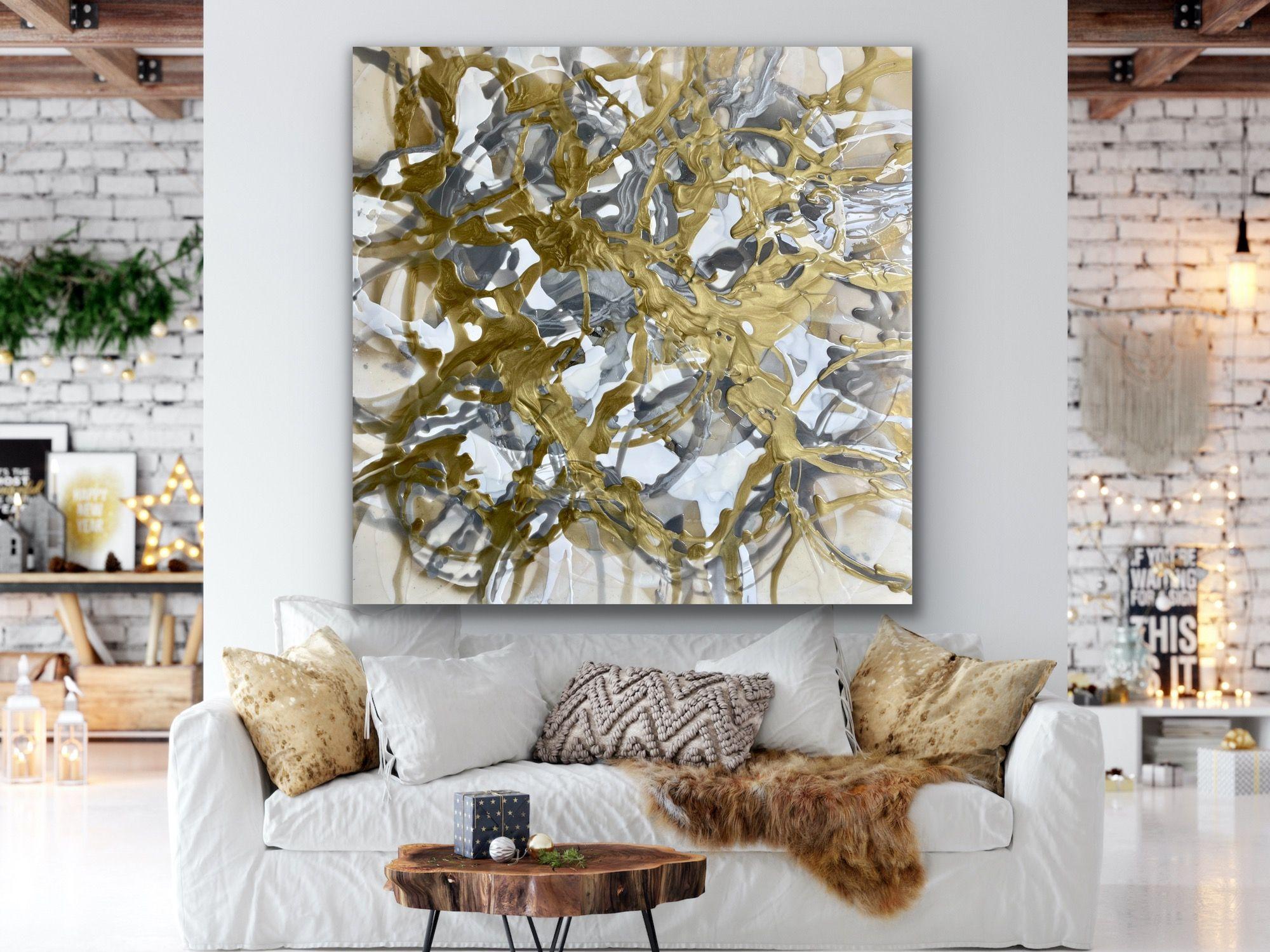Gold knots, Painting, Acrylic on Canvas - Brown Abstract Painting by Jessica M. Chaix