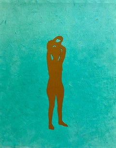Senza titolo 10 - Donna contemporanea figurativa di colore verde acqua, collage, 2020