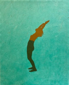 Untitled 11, Handmade Paper Collage with Female Swimmer Figure in Brown on Teal