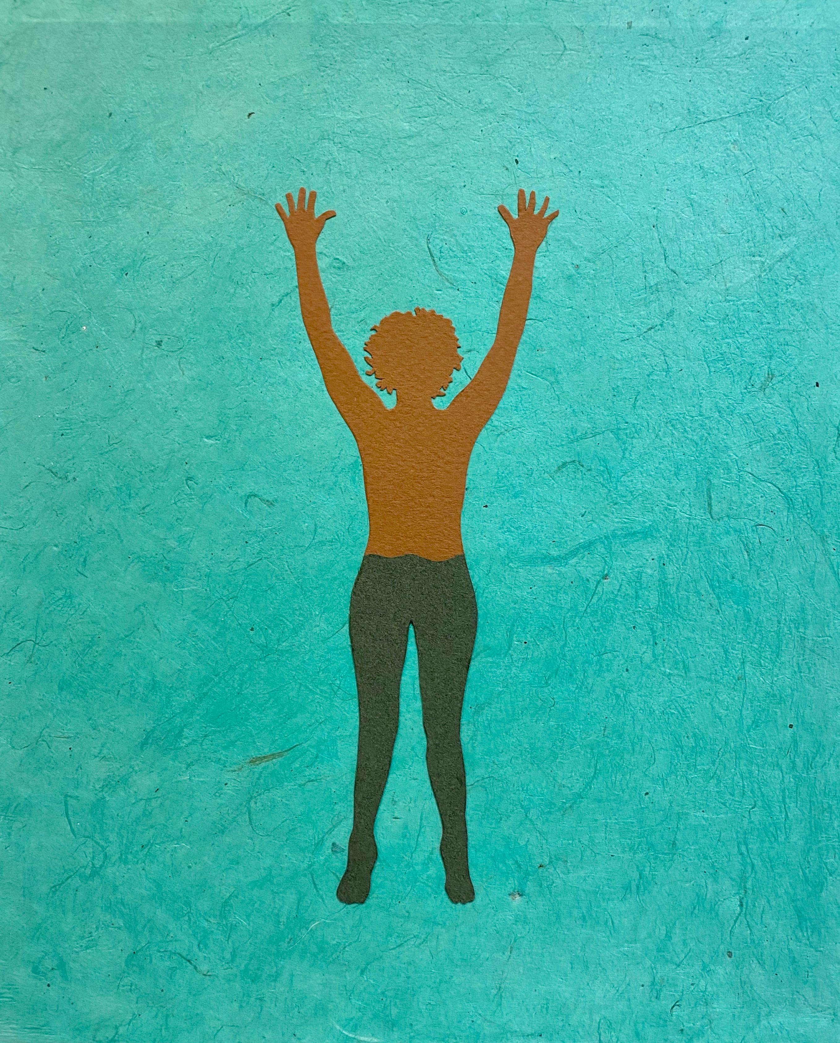 Senza titolo 13 - Collage di carta fatta a mano Figura di nuotatrice marrone verde acqua, 2020 - Mixed Media Art di Jessica Maffia
