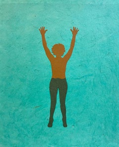 Handgefertigte Papiercollage ohne Titel 13, weibliche Swimmer-Figur in Braun, leuchtend Teal