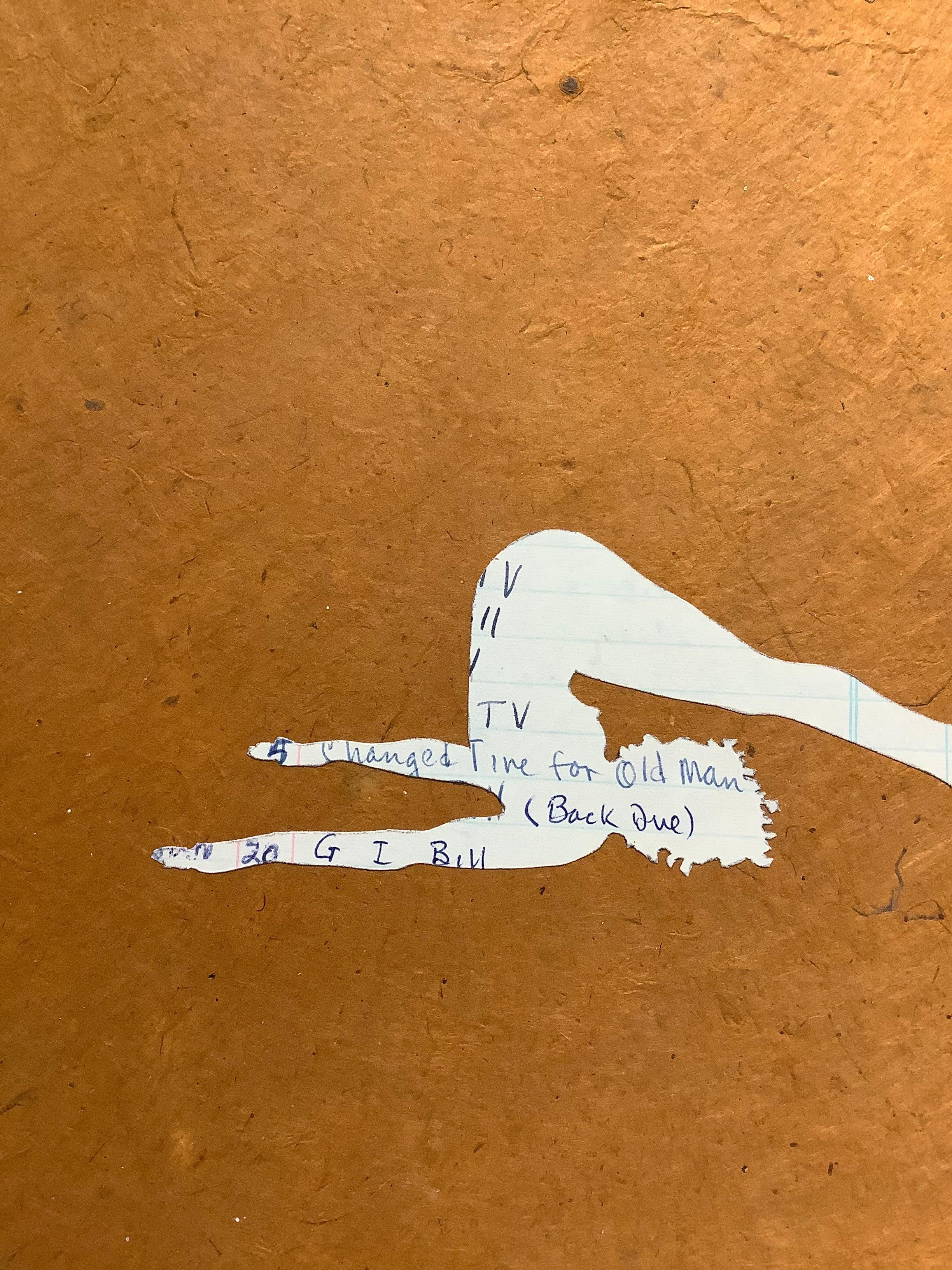 Untitled 14, Paper Collage, Female Figure, Yoga Pose, Ledger Paper, Siena Brown For Sale 3