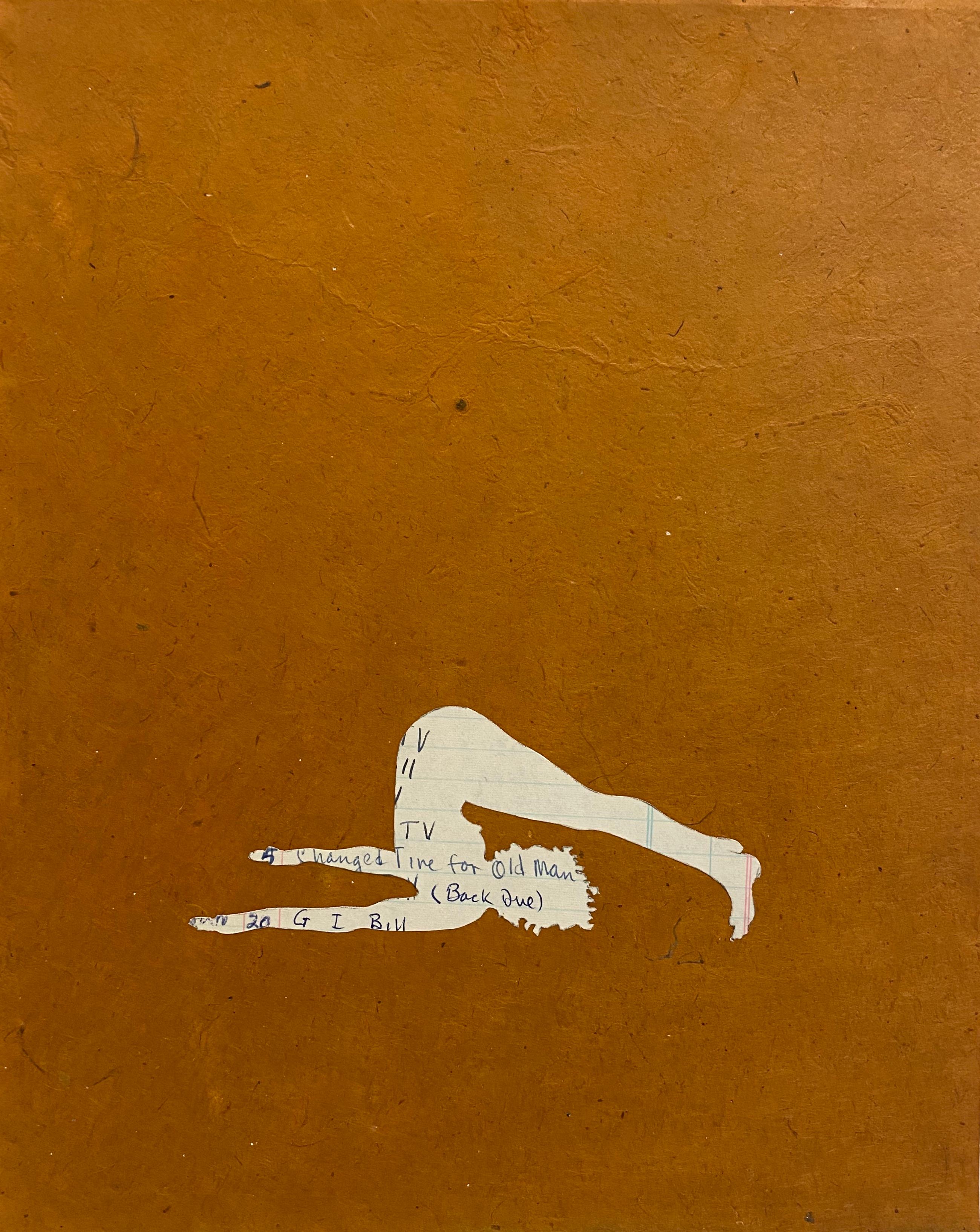 Untitled 14, Paper Collage, Female Figure, Yoga Pose, Ledger Paper, Siena Brown - Mixed Media Art by Jessica Maffia