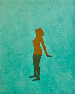 Untitled 7, Handmade Paper Collage, Female Figure in Brown, Bright Teal Green