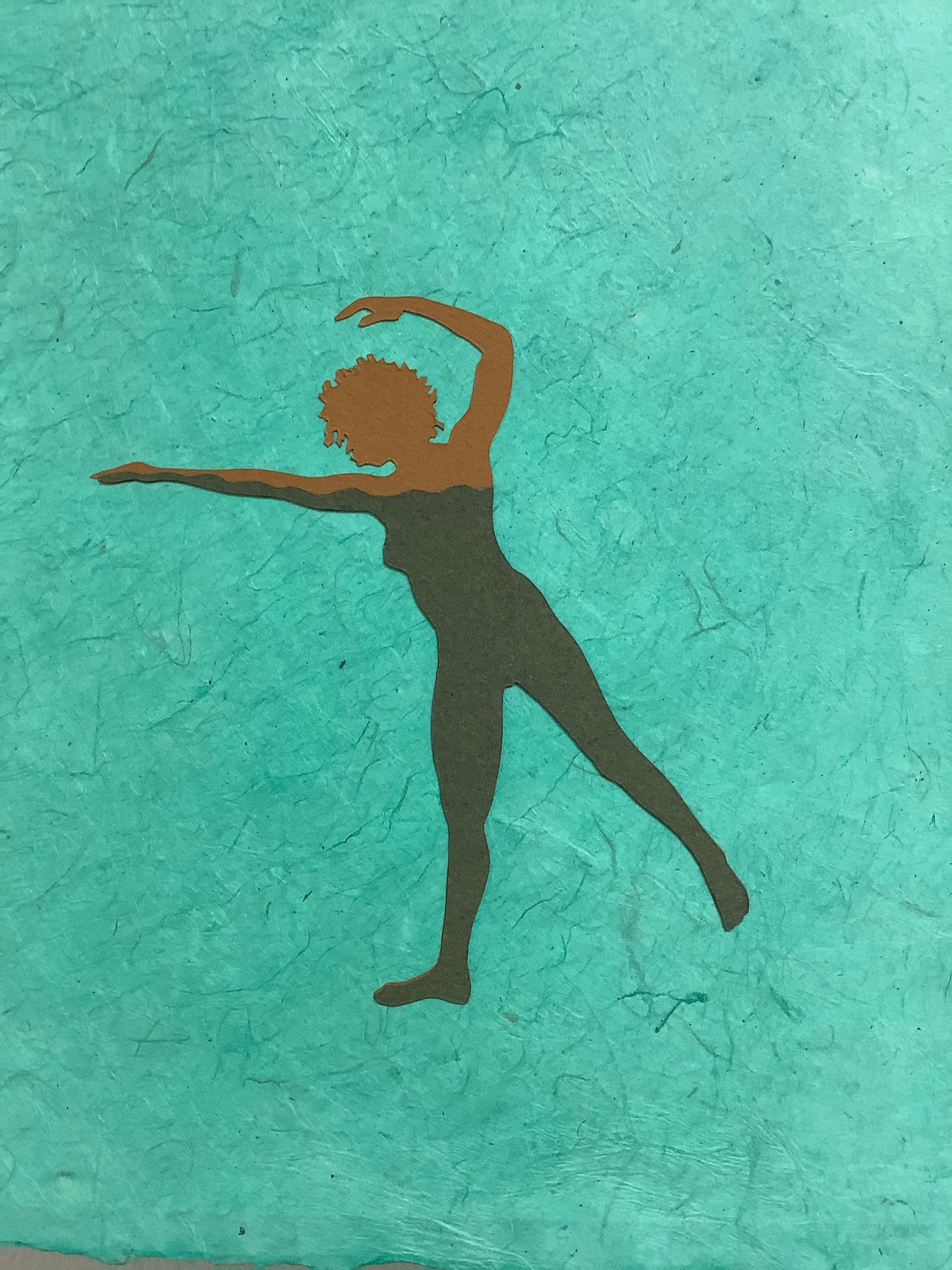 Untitled 9, Paper Collage, Female Swimmer Figure in Brown on Teal Green For Sale 1