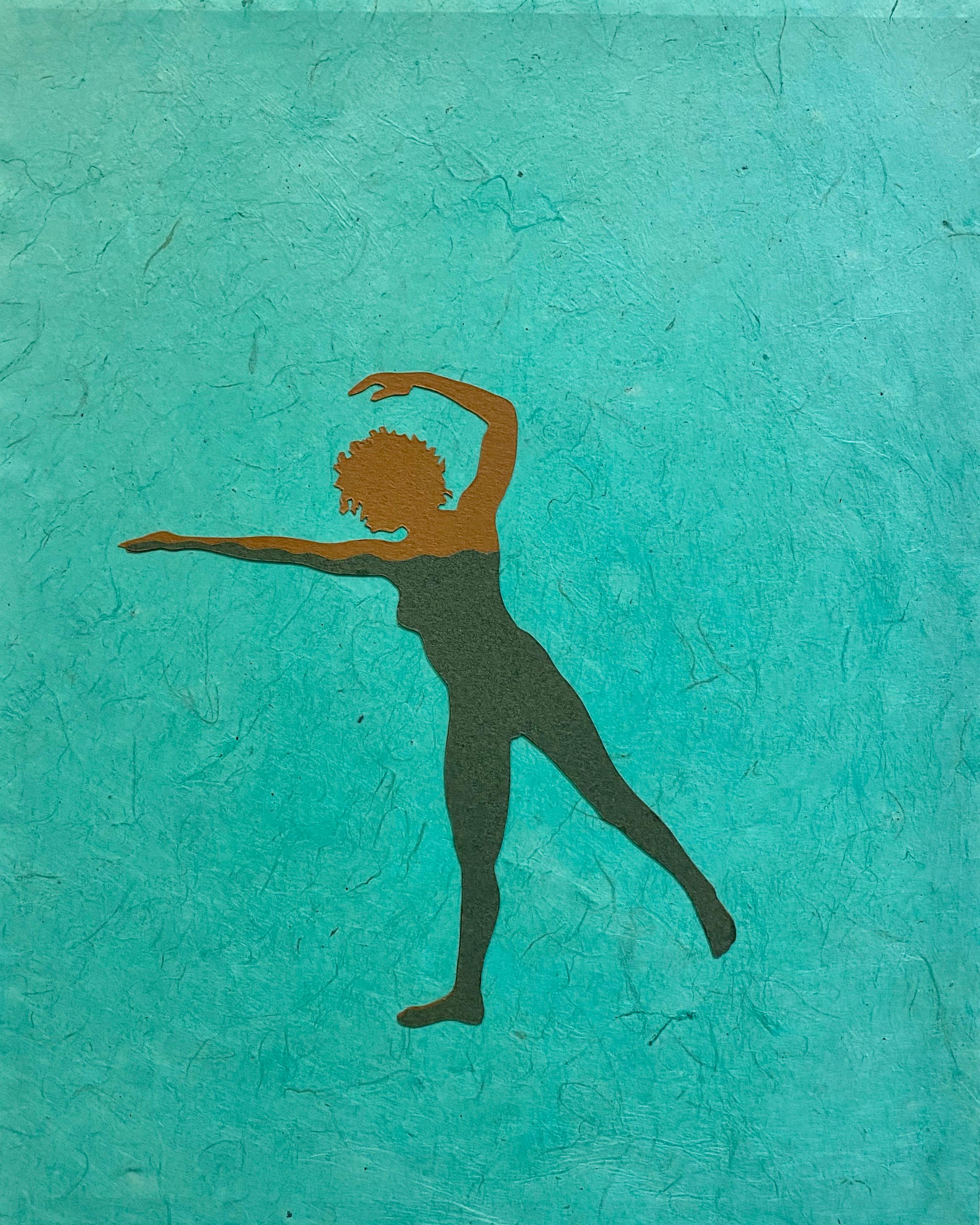 Untitled 9, Paper Collage, Female Swimmer Figure in Brown on Teal Green - Mixed Media Art by Jessica Maffia