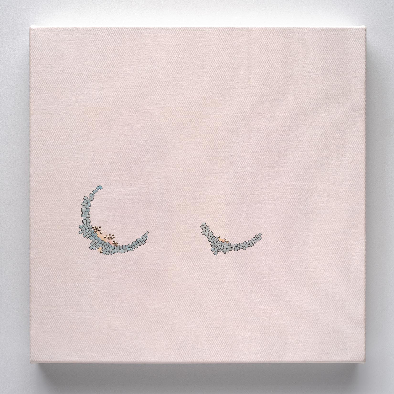 Jessica McCambly Abstract Painting - Self Soother 12, Square Sculptural Painting in Gold Leaf, Mica, Pale Pearl Blue