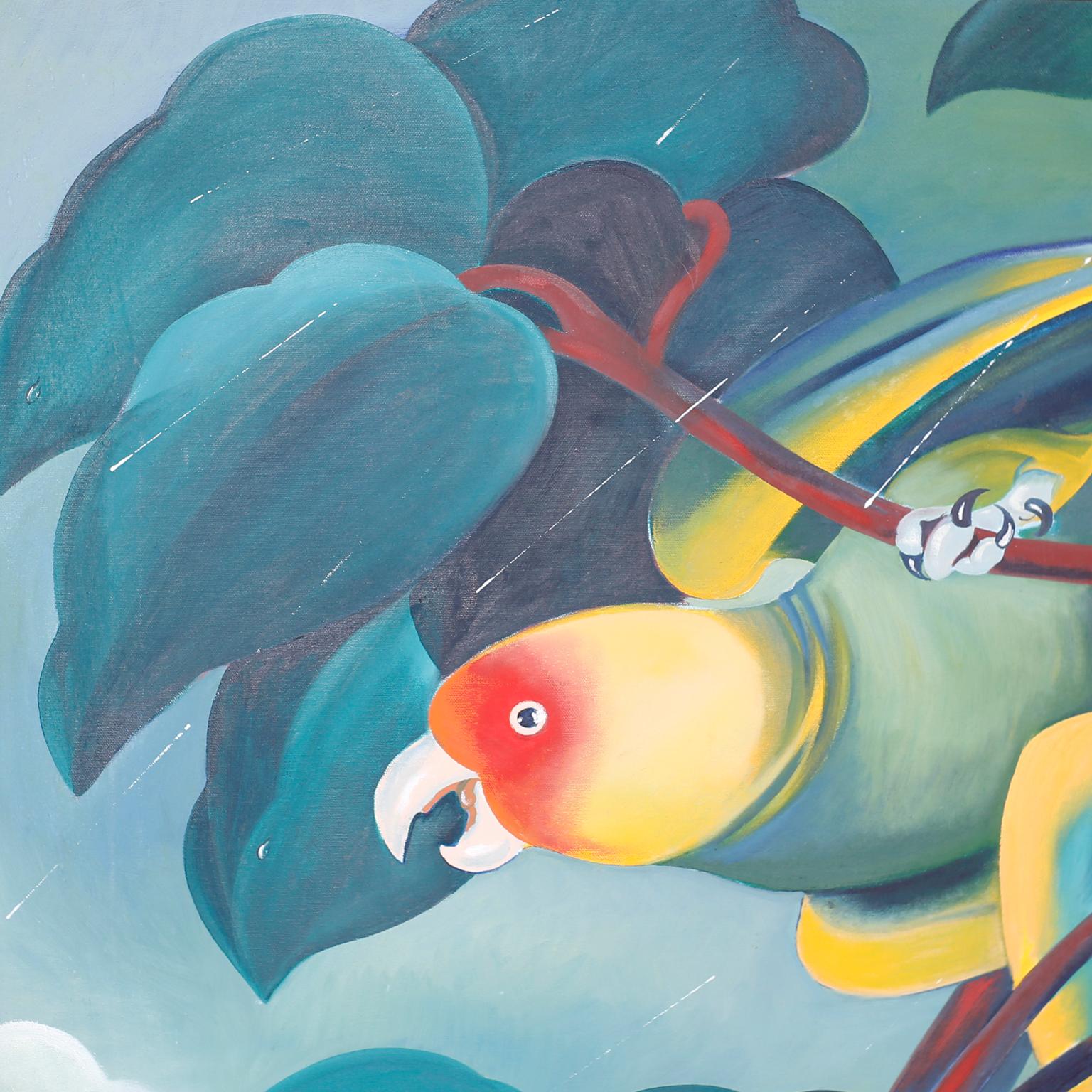 Peinture acrylique sur toile représentant deux perroquets dans la pluie - Painting de Jessica Rice
